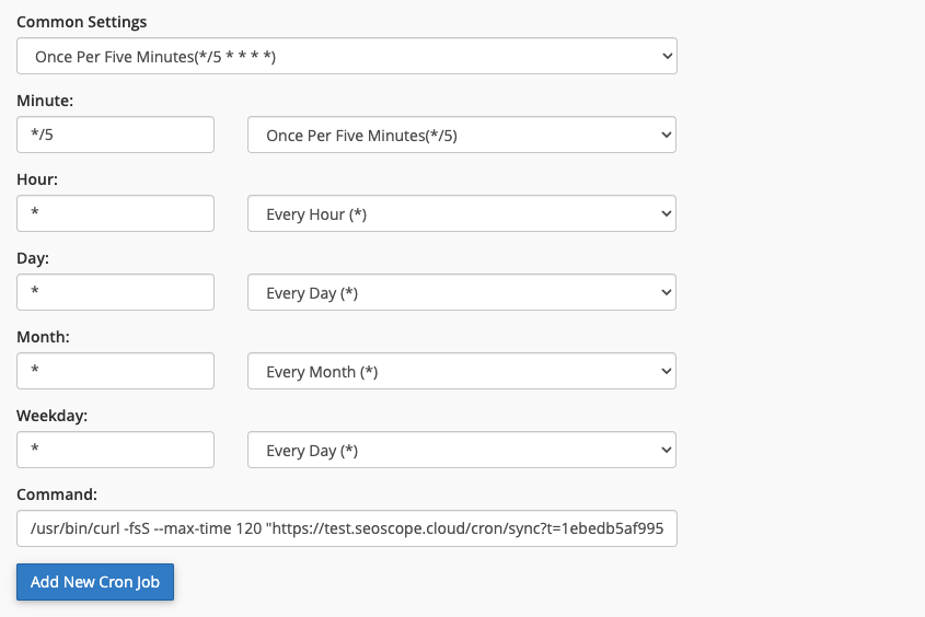 cPanel: Cron Jobs command example