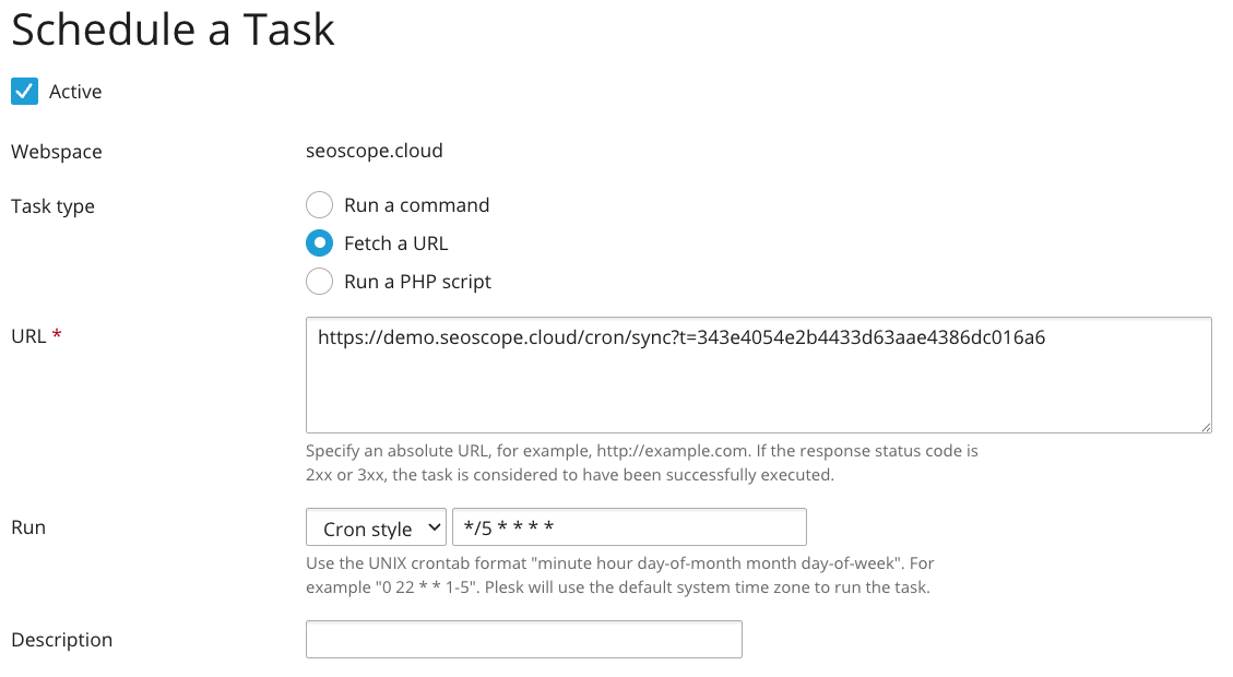 SeoScope Settings → Automation: Full URL for an HTTP GET (cron)