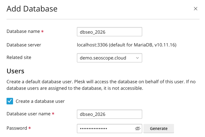 Plesk: create MySQL database and user