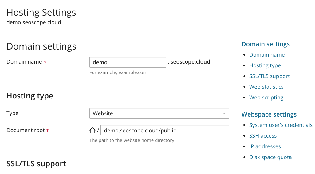 Plesk: Hosting Settings → Document root points to the /public folder