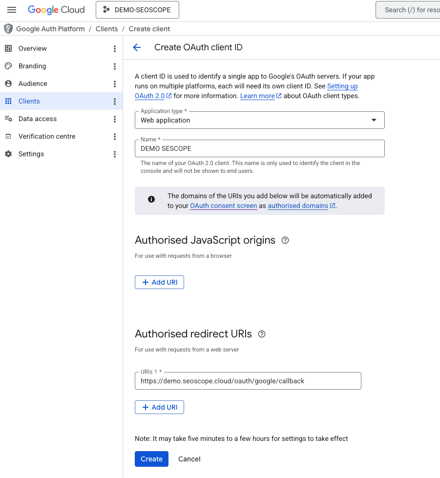 Google Cloud Console: create OAuth client ID (Web application)
