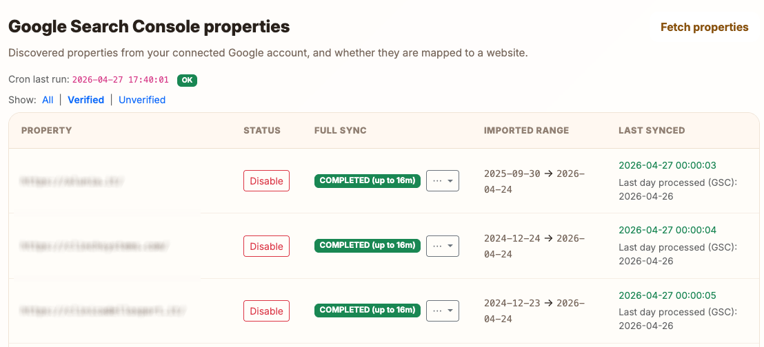 SeoScope Settings → Google: property sync options